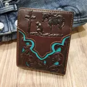 Praying Cowboy Western Wallet Lasercut Leather Floral Bifold Brown And Teal