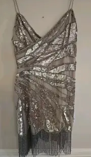 ASOS DESIGN Dress Sequin & Rhinestone Embellished Fringe NWT Size 6 Art Deco