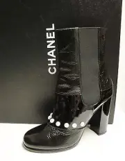 Chanel Black Patent Leather Pearl Ankle Short Booties Boots Shoes 39 - $1595 NIB