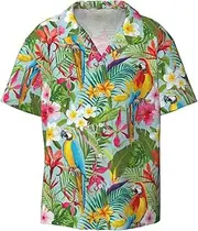 [HVTTIOR] Tropical Plants and Parrots Print Short Sleeve Shirt Cuban Collar Beach Casual Style Summer Vacation Relaxed Fit
