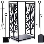 Firewood Rack Fire Log Holder Storage Set with 4 Tools Brush, Shovel, Poker, ...