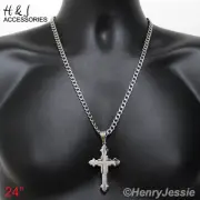 18-40"MEN Stainless Steel 6mm Silver Cuban Curb Chain Greek Key Cross Pendant*BK