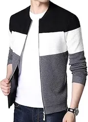 [Generic] Men's Color-Block Cable Knitted Cardigan Knitted Stand Collar Regular Fit Jacket Full Zip Up Cardigan Sweater