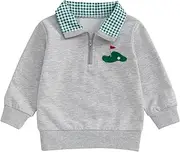 [Dewadbow] Toddler Baby Boy Golf Outfit Long Sleeve Hole In One Embroidery Polo Sweatshirt Plaid Lapel Quarter Zip Pullover Top