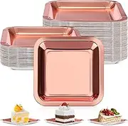 Dandat 100 Pack 7 Inch Paper Plates Appetizer Square Plates Disposable Cake Plates Disposable Tableware for Birthday Party Supplies Holiday Lunch Metallic Foil Dessert Anniversary (Rose Gold)