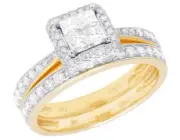 14K Yellow Gold Genuine Princess Cut Diamond Square Halo Bridal Ring Set 1Ct