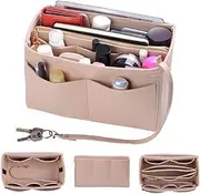 [SEPYIQI] Tote Bag Organizer Insert,Felt Purse Organizer insert with Multi Pocket and Zips,Handbag Organizer Insert with Key Chain for Tote,Speedy (Beige, S)