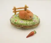 New French Limoges Trinket Box Easter Bunny Rabbit on Floral Box w Remov. Carrot