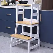 Kids Step Stool Kitchen Wooden Ladder for Kids - Wooden Step Stool with Adjustable Platform Toddler Tower Kitchen Step Stool for Kitchen Counter Learning