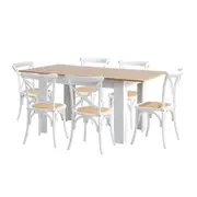Oikiture 160cm Extendable Dining Table with 6PCS Dining Chairs Crossback White