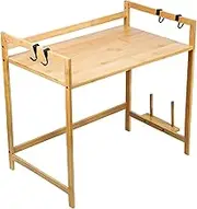 Microwave Oven Rack 22x14x16.5 Inch Dual Layer Bamboo Microwave Stand with Chopping Board Slot & 4 Hooks for Kitchen Countertop, Stand