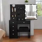 Black Dressing Table Vanity Hollywood LED Mirror Stool Drawers Set Makeup Desk