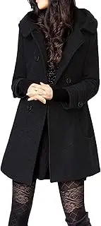 [Tanming] Women's Winter Double Breasted Wool Blend Long Pea Coat Hood
