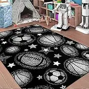 Sports Balls Rug - Black Balls Rug for Boys Kids Room Sports Carpet Rug for Boys Kids Bedroom Balls Sports Area Balls Sports Floor Mats Balls Kids Room Rug, 2'5"×4'
