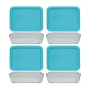 Pyrex (4) 7210 3-Cup Glass Dishes & (4) 7210-PC Surf Blue Lids