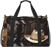 [STVYUKL] Cowboy Black Hat Western Boots Travel Duffel Bag Lightweight Waterproof Carry On Tote Bag Foldable Weekender Overnight Bags Sport Gym Bag For Women Men, Black, One Size