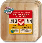 Disposable Palm Leaf Plates - 50 Pack - 6 Inch Square - Compostable & Biodegrada