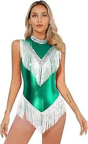 [Fldy] Womens Metallic Fringed Tassel Latin Bodysuit Sequins Jazz Dance Dress Performance Dancewear