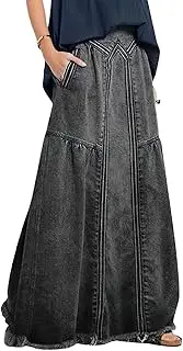 [utcoco] Women's Maxi Denim Skirt Retro Elastic High Waist A-Line Frayed Hem Hippie Long Jean Skirts