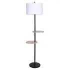Sarantino Black Metal Post Floor Lamp Light 2 Wood Shelves White Drum Shade