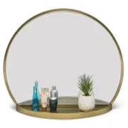 Lirash Round Table Wall Mirror with Storage Shelf in Brass Finish