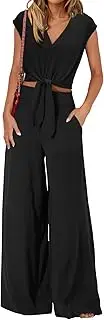 [Generic] Elegant Two Piece Sets for Women Summer Outfits V Neck Cap Sleeve Belted Crop Top Wide Leg Pant Comfy Lounge Set Tracksuit