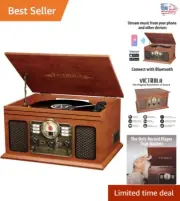 3-Speed Bluetooth Record Player & Multimedia Hub with Built-in Mahogany Finish