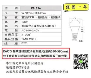 LED 驅蚊燈泡 KAO'S 13W 全電壓 E27  球泡 KAOS 高氏 CNS認證