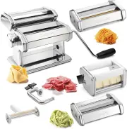 Deluxe Pasta Maker 5 Piece Set Steel Roller Machine Clamp Hand Crank Brush NEW