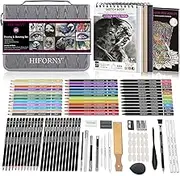 HIFORNY 100 PCS Drawing & Sketching Set, Professional Art Supplies with Graphite,Charcoal, Colored,Watercolor,Metallic Pencils,Blending Tools,Sketchbook and Coloring Book in Zipper Case (Grey)