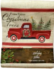 Red Farm Truck Table Runner 70x13" Cabin Lodge Farm Fresh Christmas Trees