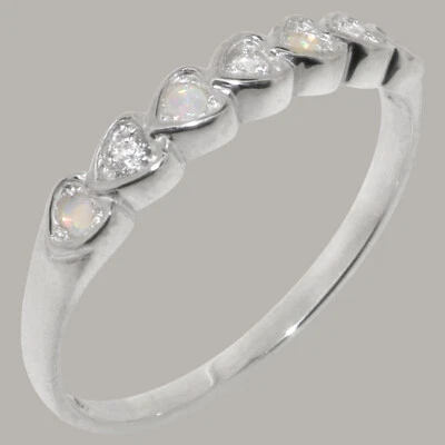 Solid 10k White Gold Natural Diamond & Opal Womens Eternity Ring
