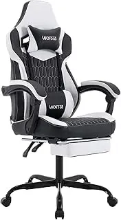 WOTSTA Gaming Chairs High Back Massage Game Chair with Footrest Computer Reclining Chair with Headrest and Lumbar Support for Big and Tall PVC Leather Gaming Chair for Adults (White/Black)