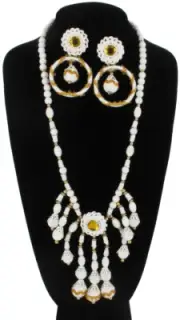 Statement White Filigree Fringe Beaded Necklace Pierced Earrings Set