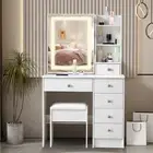 Dressing Table Stool Make up Desk Set with LED Mirror 6 Drawers Vanity Desk Wood