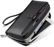 Men's Faux Leather Wallet Zipper Large Bifold Wallet with Coin Pouch Black Black Large Travel Card,Black