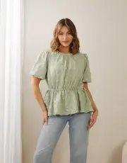 New Tags - ATMOS & HERE Size 10 Or S Sage Gingham Relaxed Alaya Smock Top