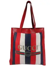 Gucci Blue, Multicolor, Red, White Leather & Fabric Logo Stripe Tote (Authentic Pre-Loved)
