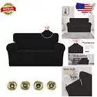 Stretch Jacquard Loveseat Cover - Machine Washable Non-Slip Protection, Black