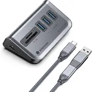 Yottamaster 4 Port USB 3.0 Hub, Powered USB Hub 5V / 2A, Type C to USB 3.2 Gen1 Data Hub with 3USB-A & SD/TF Card Reader(1.6ft) GA1-3ATS-U3-GY-1