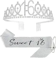 Araluky Sweet 16 Tiara and Sash Set - 16th Birthday Crown and Sash for Girls - Silver, Carbide Crystal