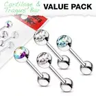 4 Pack of Cartilage Tragus Bar Stud Piercings with Set Gems Surgical Steel