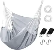 Hommtina Hammock Chair Hanging Rope Swing, Max 300 Lbs Hanging Chair with Pocket & Durability Perfect for Outdoor, Home, Bedroom, Patio, Yard (Pillows NOT Included,Light Grey)