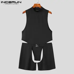 Incerun 男士性感風格 Over Scooped Out Boxers 兩件式無袖純色三角緊身衣褲