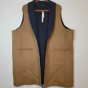 Talbots 3X Double Face Shawl Collar Vest, tan and navy longline open front, New