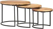 Modern Nesting Coffee Table Set of 3 for Living Room Balcony Office, Round Wood Accent Side Coffee Tables with Sturdy Metal Frame, Easy Assembly (Solid Wood Acacia)