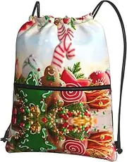EdWal Gingerbread Man Candy Print Drawstring Backpack Gym Bags Sports Bags With Zipper Pocket For Travel Beach, Black, One Size