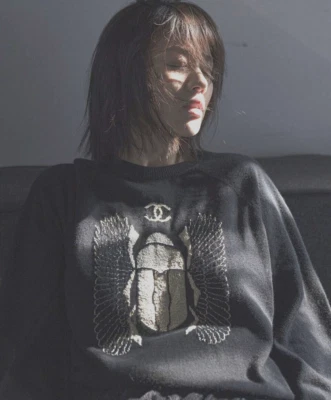 NEW CHANEL Cashmere Pullover Sweater 34 Black Gold Scarab Beetle Print Fall 2019