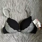 Kathy Ireland Push Up Bra Womens Size 34B Black Lace Underwire Back Closure
