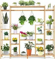 Costway 9-Tier Large Plant Shelf, Bamboo Crisscross Plant Holder w/ Hanging Rack & Slatted Shelves, Anti-Toppling Device, Indoor Outdoor Storage Shelf for Flower, Decorations, Toys